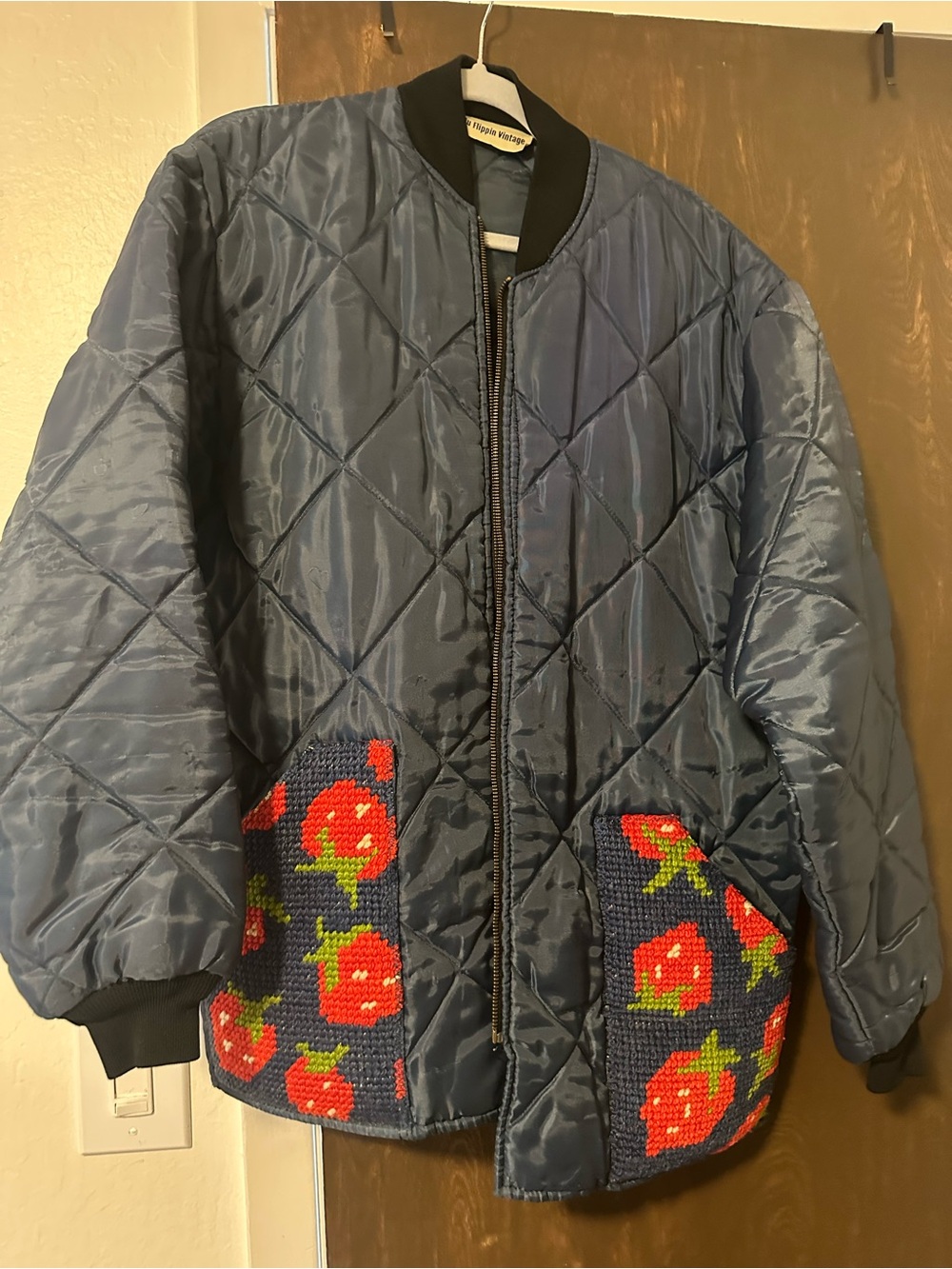Vintage Strawberry Patchwork Detail Bomber Jacket